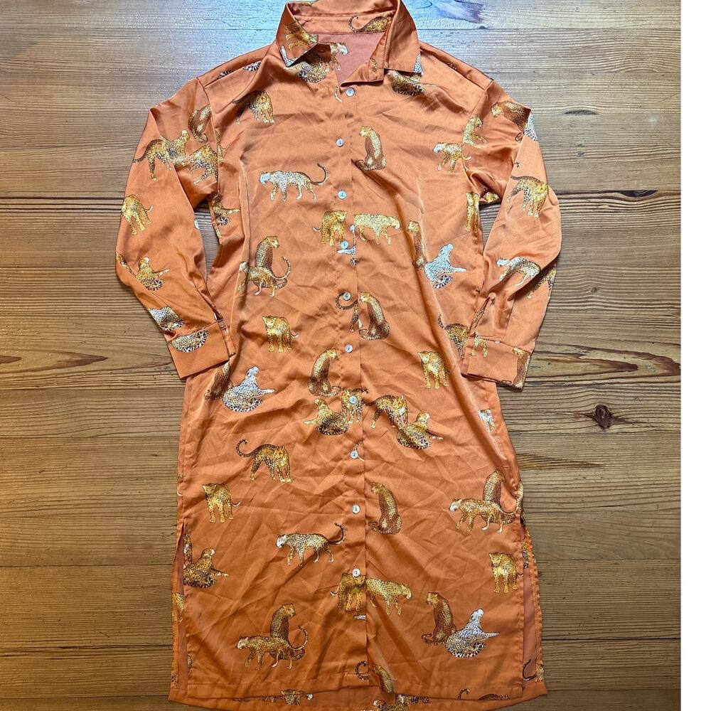 Shein orange satin cheetah long sleeve‎ button up shirt dress SIZE S